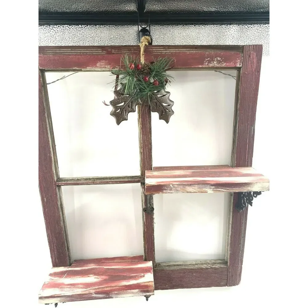Vintage Red Barn Wood 4 Pane Window Wall Shelf Christmas Hollyberry Shadow Box